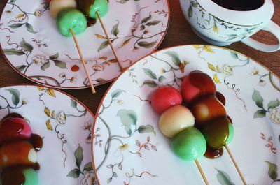 High angle view of fruits in bowl on table