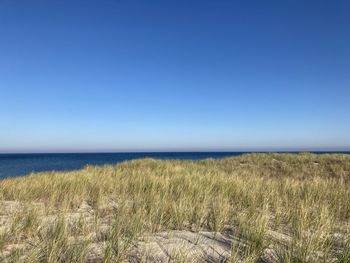 Scenic view of sea against clear blue sky