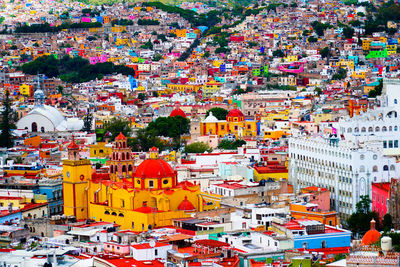 High angle view of buildings in city