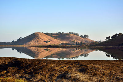 Scenic view of lake against clear blue sky