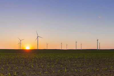 Wind turbines on field against sky during sunset