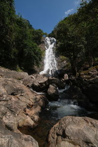 Scenic view of waterfall in forest against sky