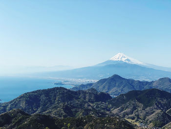 Scenic view of snowcapped mountains against clear sky