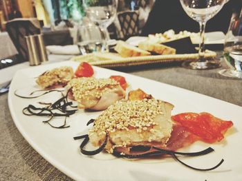 Close-up of food served in plate on table