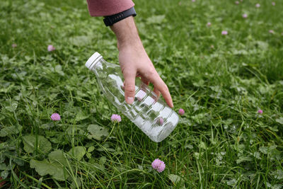 Hand of man collecting plastic bottle from grass