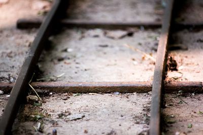 Close-up of abandoned railroad track