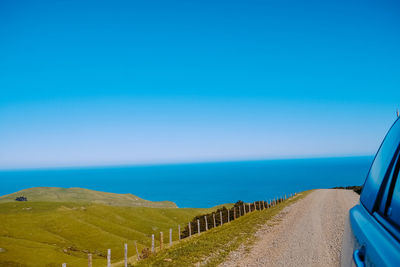 Scenic view of sea against clear blue sky