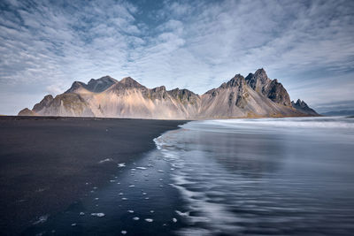 Scenic view of vestrahorn against sky