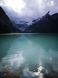 Scenic view of lake and mountains against sky