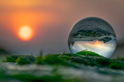 Close-up of crystal ball on glass against sky during sunset