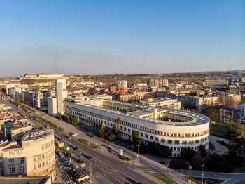 High angle view of cityscape against clear sky