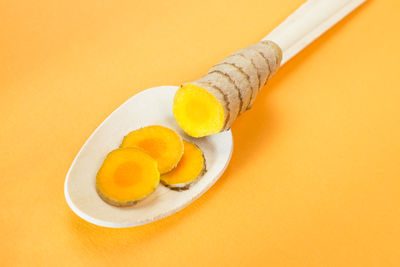 High angle view of eggs in container on table