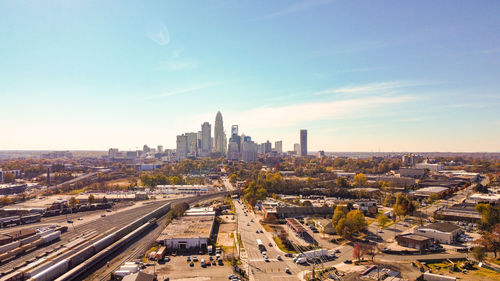 High angle view of cityscape against sky during sunset