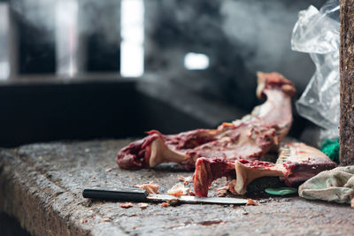 Meat and knife in butcher shop