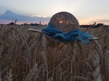 Close-up of hat on field against sky during sunset