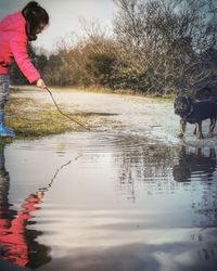 Side view of dog standing in water