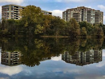 Reflection of trees and buildings in lake