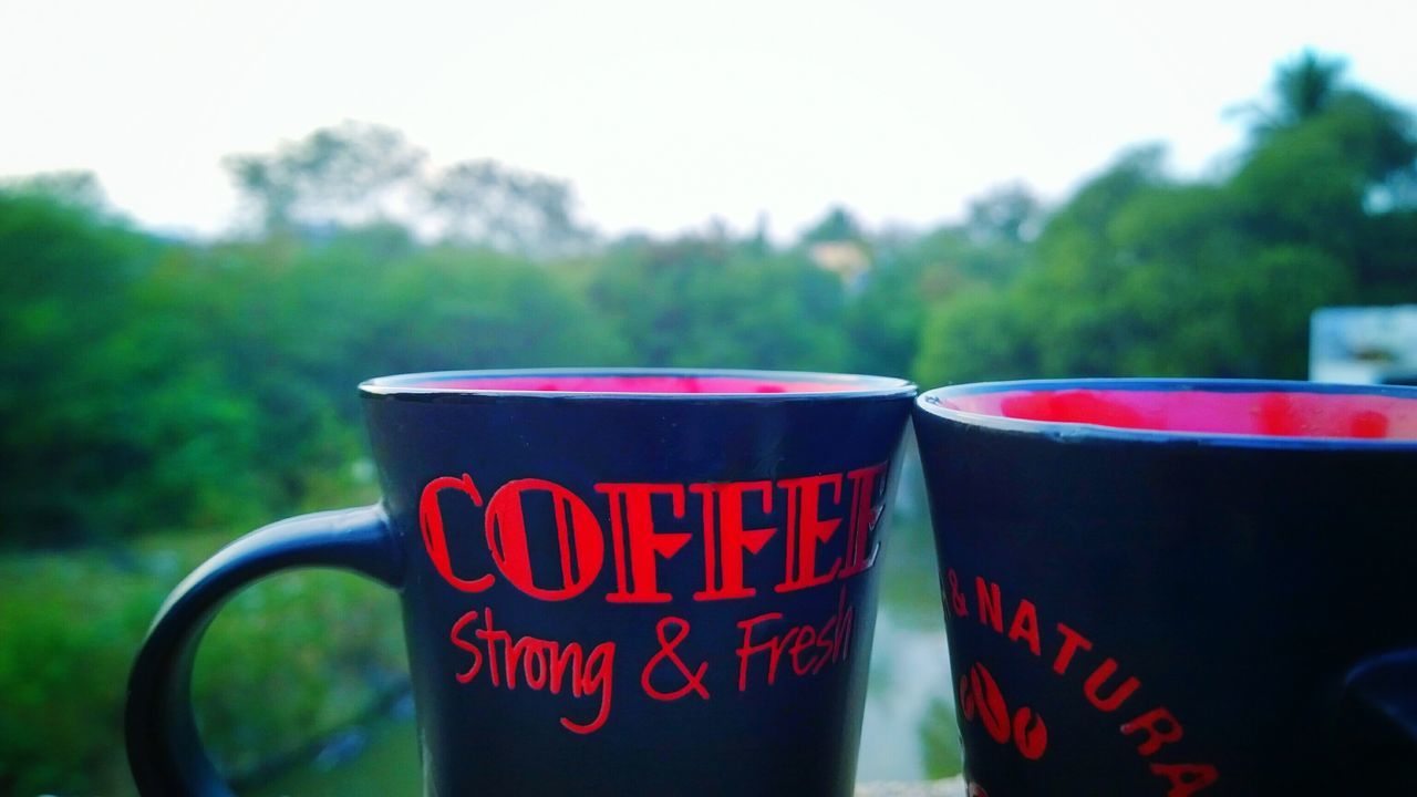 drink, focus on foreground, text, close-up, food and drink, red, western script, refreshment, communication, still life, coffee cup, freshness, table, selective focus, glass - material, coffee - drink, tree, no people, love, indoors