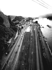 High angle view of road by bridge against sky