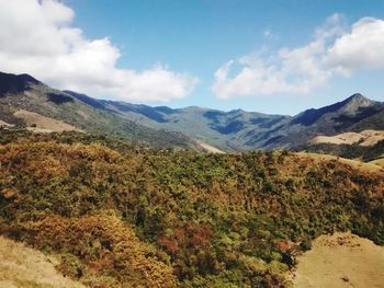 Scenic view of mountains against cloudy sky