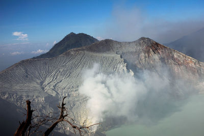 Smoke emitting from volcanic mountain against sky