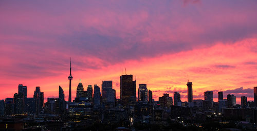 View of buildings against cloudy sky during sunset