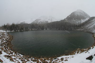 Scenic view of snow covered mountain against sky