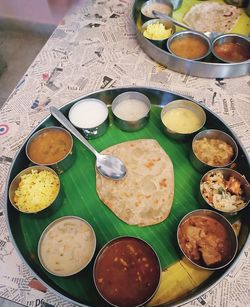 High angle view of food served on table