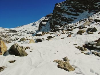 Rocks on snowcapped mountain