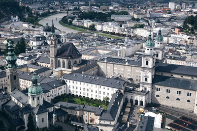 High angle view of buildings in city