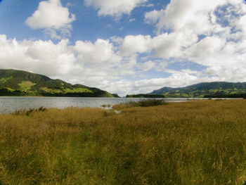 Scenic view of field by lake against sky