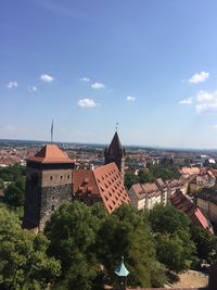 High angle view of trees and buildings in town against sky