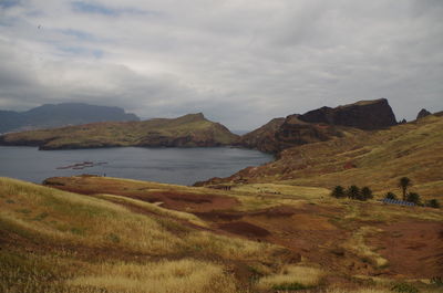 Scenic view of lake and mountains against sky