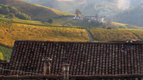 Scenic view of field and houses against mountains