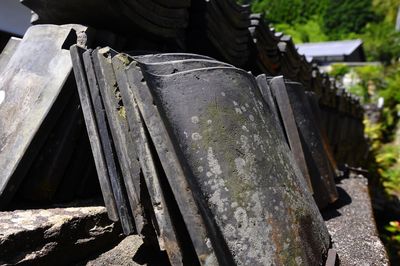 Close-up of old stack of firewood