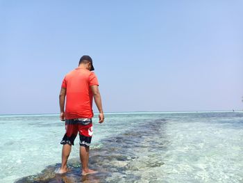 Rear view of man standing on beach against clear sky