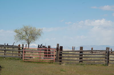 Fence on field against cloudy sky
