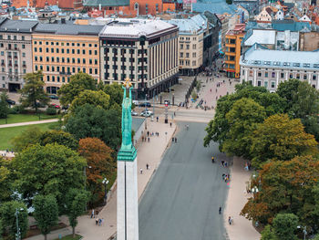 High angle view of buildings in city