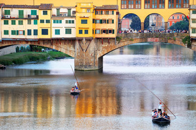 People on bridge over river