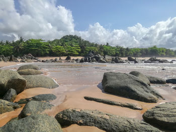 Scenic view of rocks on beach against sky