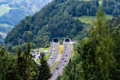 High angle view of road amidst trees in forest