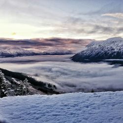 Scenic view of snow covered mountains against cloudy sky