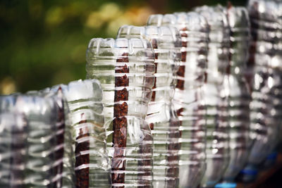 Close-up of stack of bottles