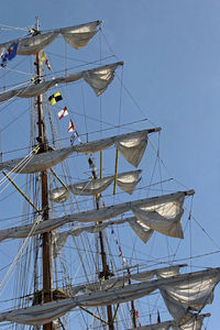 Low angle view of sailboat moored against clear sky