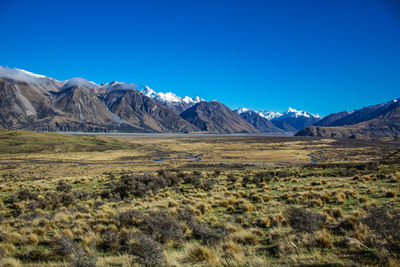 Scenic view of landscape against clear blue sky