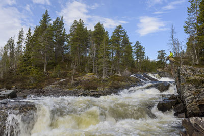 Scenic view of waterfall in forest against sky