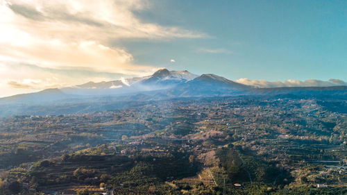 Aerial view of mount etna against sky 