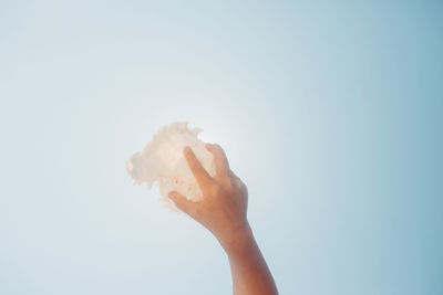 Low angle view of person hand against clear sky