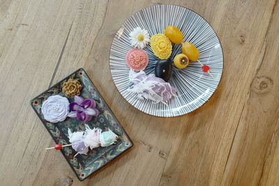 High angle view of dessert on table