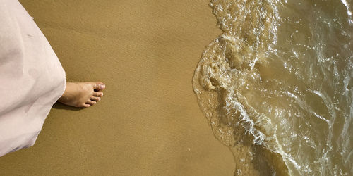 Low section of man standing on beach